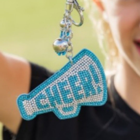Bling Cheer Crystal Rhinestone Keychain Bag Charm With Blue Tassel - Picture 8 of 10